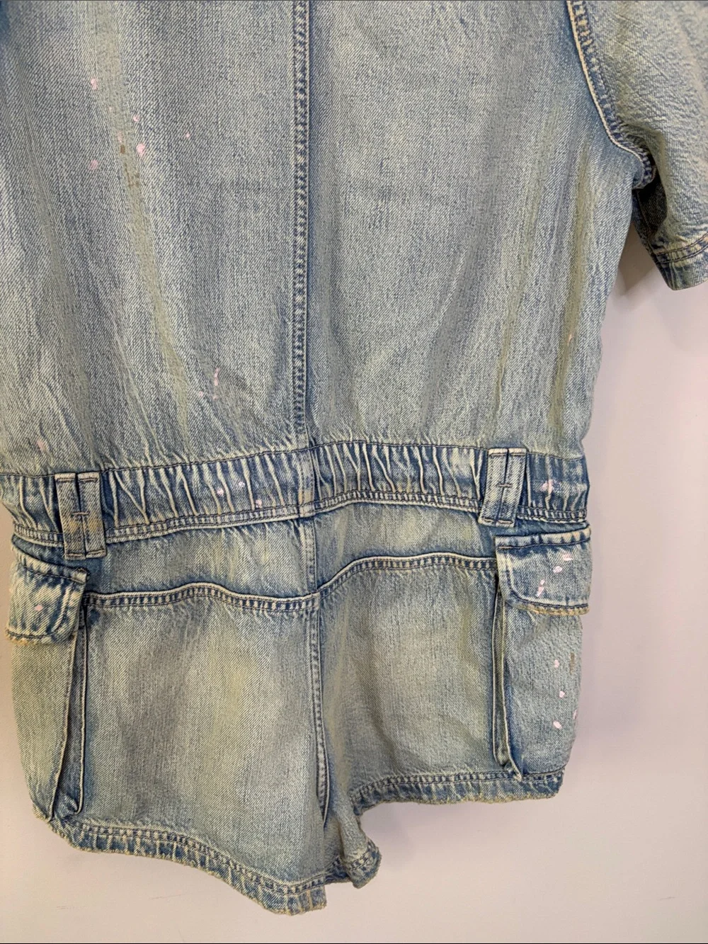 Free People Mojave Denim Shortall Romper Slouchy Paint Splatter Cinch Waist NEW